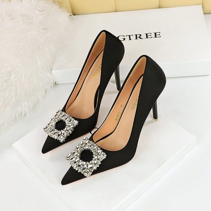 Big Tree Shoes 1983-K1 European and American Style Spring and Autumn Banquet High Heels Women's Shoes Super High Heel Shallow Mouth Pointed Toe Satin Rhinestone Buckle Pumps - Image 2