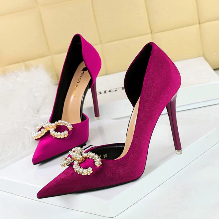 Bigtree Shoes 1363-K79 Banquet High Heels Shallow Mouth Pointed Thick Suede Side Hollow Pearl Rhinestone Buckle Bow Shoes - Image 2