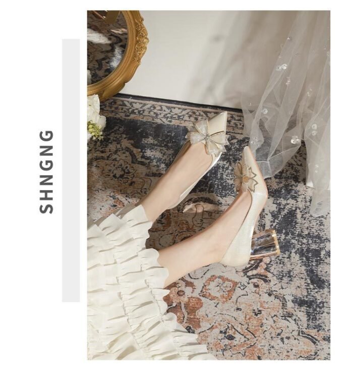 7118-51 Apricot Flower High Heel Women's Chunky Heel High-Grade Xiuhe Wedding Dress Engagement Annual Meeting Pumps - Image 12