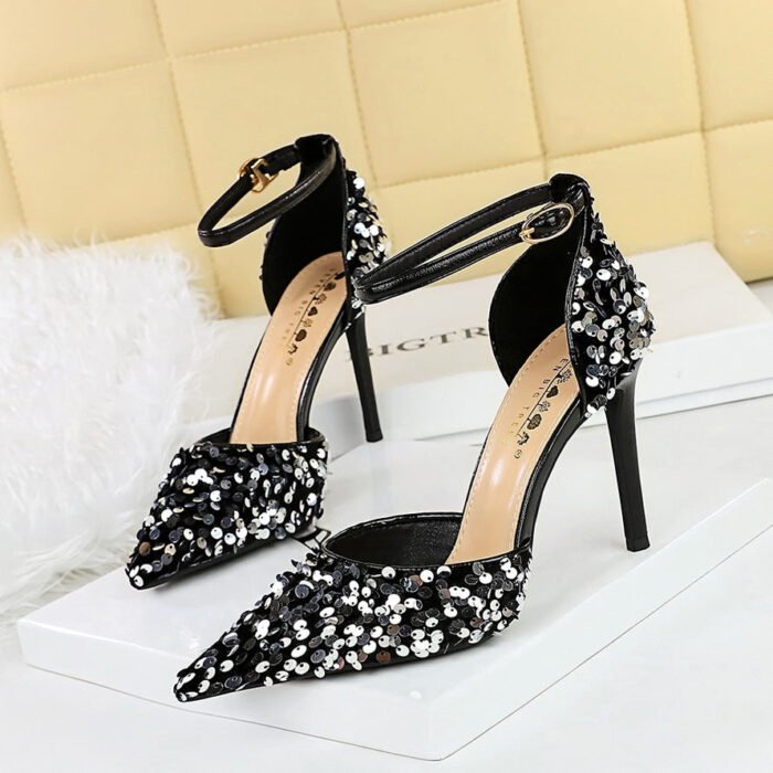 Bigtree shoes 9868-1 high heels hollow strap hollow-out women's shoes stiletto heel shallow mouth pointed toe sparkle sequins sandals - Image 1