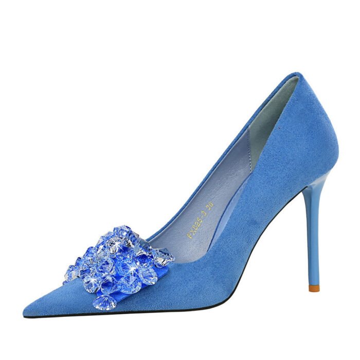 Bigtree Shoes 825-H27 Korean Banquet High Heels Women's Shoes Stiletto Suede Shallow Mouth Pointed Gemstone Rhinestone Bow Pumps - Image 5