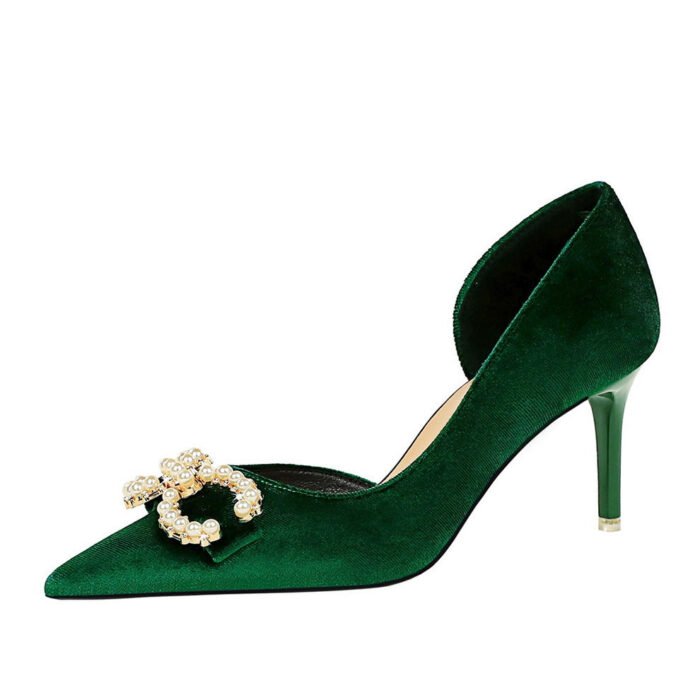 BIGTREE SHOES 1363-Ak79 Banquet Women's Shoes High Heel Suede Shallow Mouth Pointed Side Hollow Rhinestone Buckle Pearl Bow Pumps - Image 5