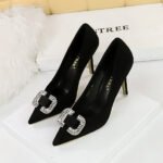 Bigtree Shoes 516-k69 European and American Fashion Banquet High Heels Women's Shoes Stiletto Suede Shallow Mouth Pointed Toe Rhinestone Buckle High Heel Pumps - Image 2