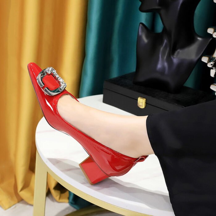 BIGTREE SHOES 1235-K52 European and American Style Banquet Women's Shoes Patent Leather Low-Cut Pointed-Toe Metal Rhinestone Belt Buckle Mid Heel Chunky Heel Shoes - Image 3