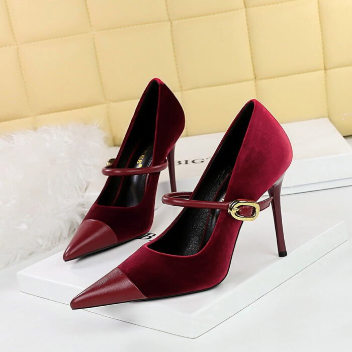 Bigtree Shoes 9116-1 Banquet High Heels Stiletto Heel Shallow Mouth Pointed Xi Shi Suede Stitching Pointed Toe Metal Buckle Ankle-Strap Shoes - Image 1