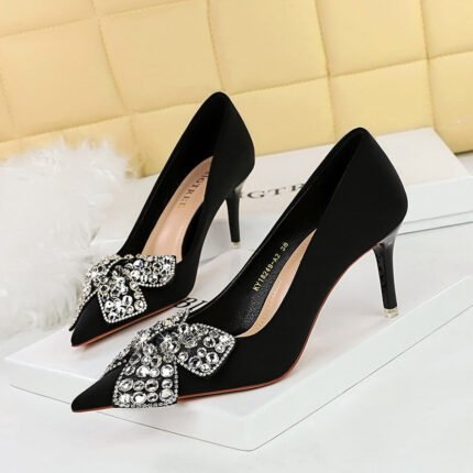 BIGTREE SHOES 18249-ah29 Korean Style Banquet High Heels Stiletto Heel Satin Shallow Mouth Pointed Toe Rhinestone Bow Women's Shoes