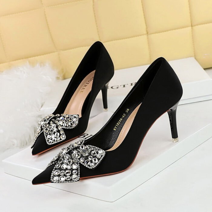 BIGTREE SHOES 18249-ah29 Korean Style Banquet High Heels Stiletto Heel Satin Shallow Mouth Pointed Toe Rhinestone Bow Women's Shoes - Image 1