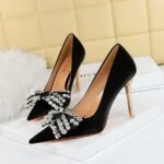 Big Tree Shoes 1829-H1 Banquet High Heels European and American Style Stiletto Heel Shallow Mouth Pointed Toe Satin Rhinestone Bow Pumps - Image 2