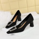 BIGTREE SHOES 6186-k66 European and American Style Banquet Spring and Autumn Women's Shoes Chunky Heel High Heel Satin Square Toe Metal Rhinestone Buckle Pumps Female - Image 2