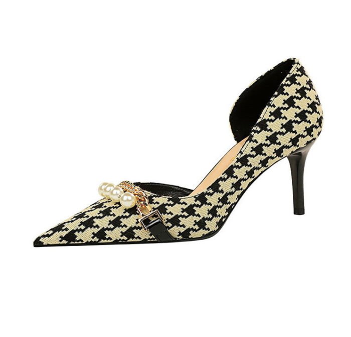 8829-A1 Korean version of high-heeled shallow-mouth pointed side hollow cloth plaid pearl metal chain houndstooth shoes - Image 22