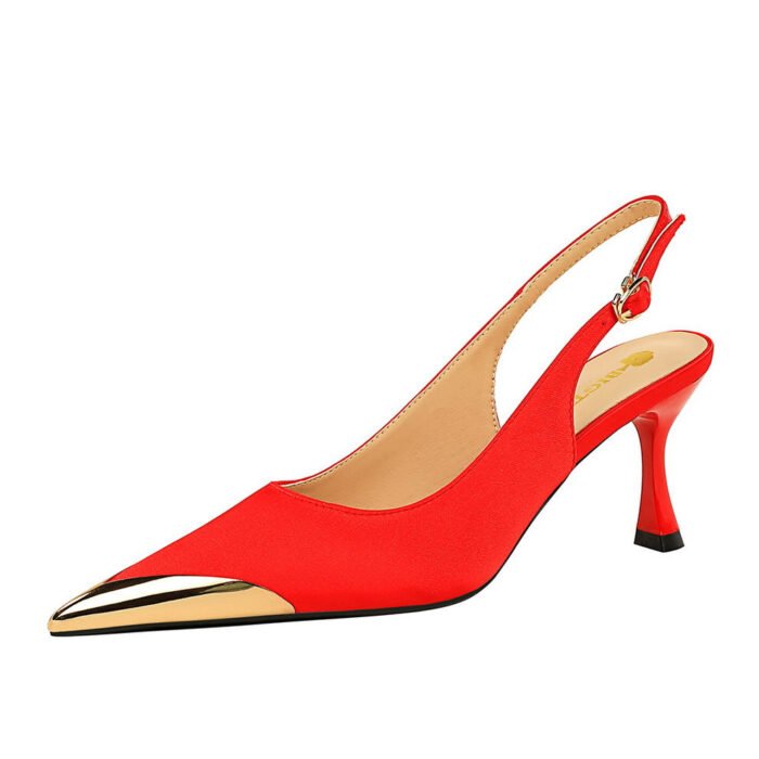 BIG TREE SHOES 3716-5 European and American Sexy Banquet Women's Shoes Stiletto Heel Shallow Mouth Metal Pointed Toe Satin Hollow Back Strap Pumps - Image 5