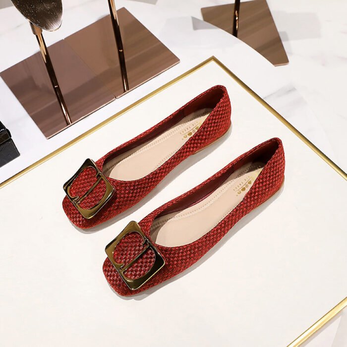 1332-1 Korean Style Spring and Autumn Fashion Sweet Women's Shoes Shallow Mouth Cloth Surface Square Toe Metal Buckle Flat Shoes All-Match Women's Shoes - Image 1