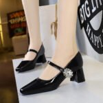 BIGTREE SHOES 5288-K86Women's Shoes Mid Heel Chunky Heel Shallow Mouth Square Toe Rhinestone Buckle Single Strap Shoes for Women - Image 3