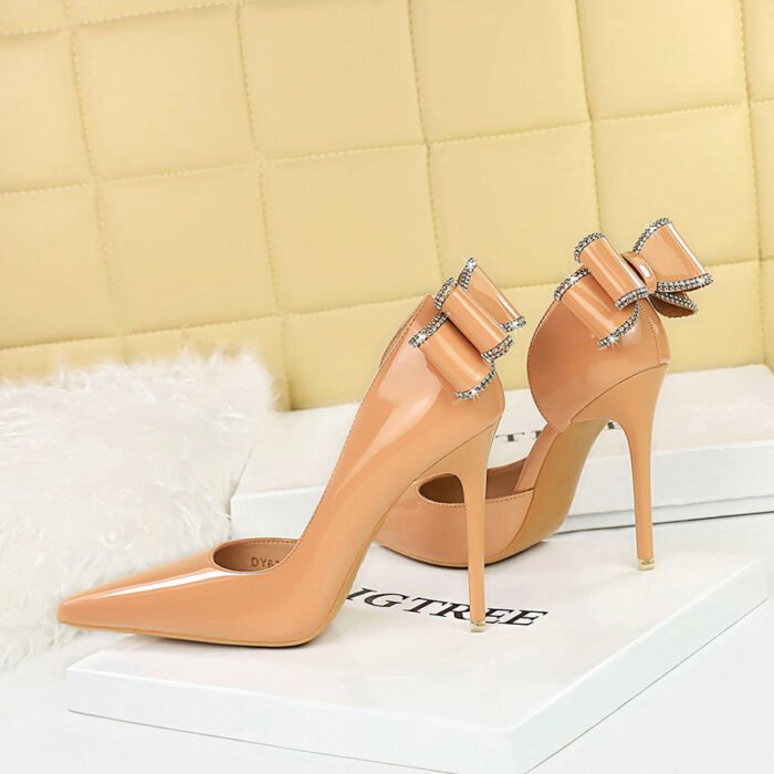 BIG TREE SHOES 638-H35m European and American Banquet High Heels Patent Leather Stilettos Shallow Mouth Pointed Toe Side Hollow Back Rhinestone Bow Pumps - Image 2