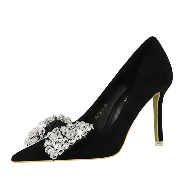 BIGTREE 516-h9 Korean Style Fashion Banquet High Heels Stiletto Suede Shallow Mouth Pointed Toe Rhinestone Bow Pumps Women's Shoes - Image 4