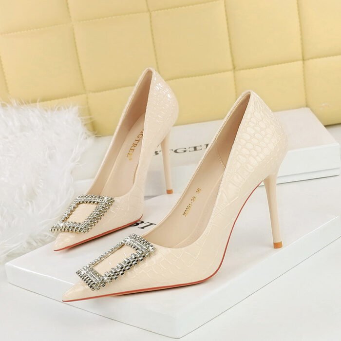 BIGTREE SHOES 3391-k63 European and American Style Patent Leather Pumps Stiletto Heel Pointed Low-Cut Rhinestone Metal Decorative Super High Heel High Heel Pumps - Image 2
