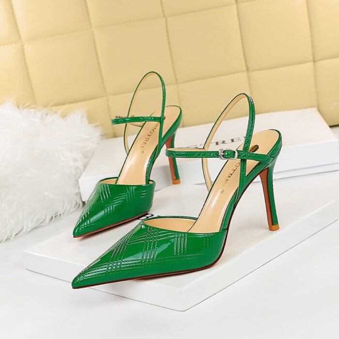 221-6 European and American Sexy Nightclubs Thinner Stiletto Heel Embroidery Thread Patent Leather Low-Cut Pointed Toe Hollow-out Strap Sandals - Image 2
