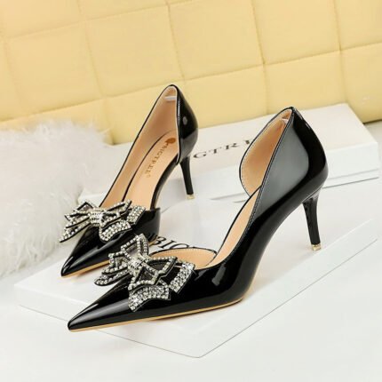 BIG TREE SHOES 638-Ah18 European and American Banquet Women's Shoes Stiletto Heel Patent Leather Low-Cut Pointed Toe Side Hollow Rhinestone Bow Pumps