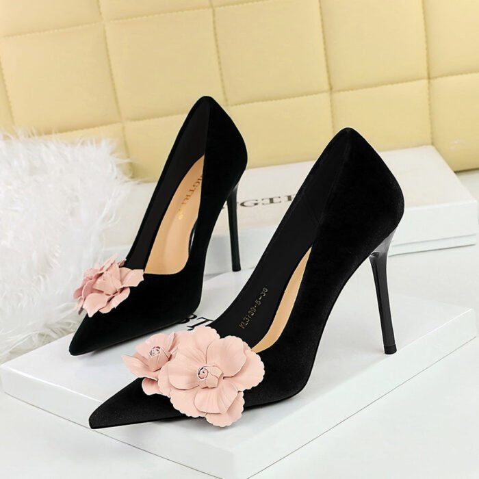 BIGTREE SHOES 3739-H57 European and American Style Banquet High Heels Stiletto Heel Xishi Suede Shallow Mouth Pointed-Toe Colorblock Flower Shoes Women's Shoes - Image 3