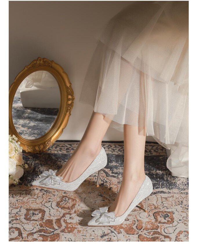 840-51 Rhinestone Bow Wedding Shoes Daily Wearable Niche High-Grade Stiletto Heel Low-Cut Pointed-Toe Shoes - Image 6