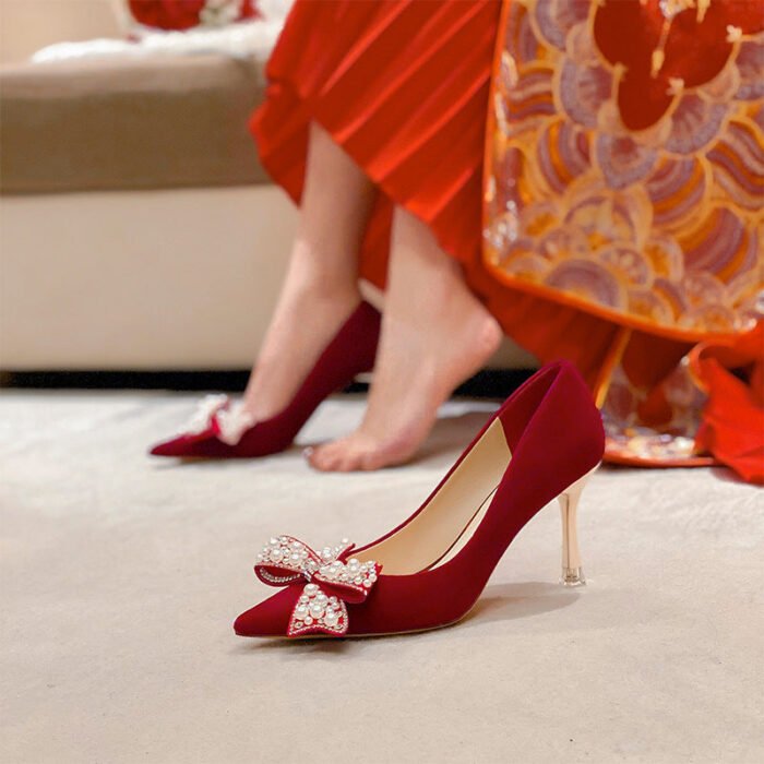 Runnig heels C888-17 Red Wedding Shoes Pointed Toe Bridal Shoes Versatile Wedding Dress Women's Butterfly High Heels - Image 2