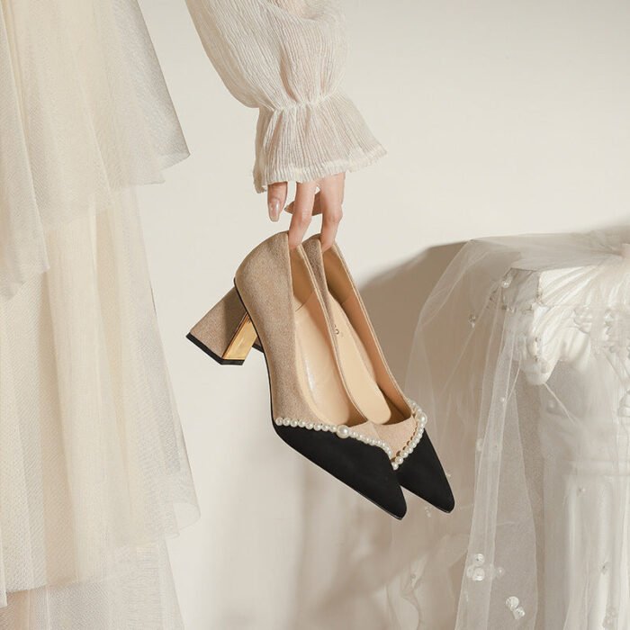 650-80 Color Matching French Retro Gentle Temperament Pointed Classic Style Chunky Heel High Heel Pearl Shoes - Image 11