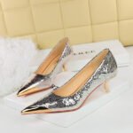Bigtree Shoes 237-29 European and American Style Banquet Fashion Women's Shoes Mid-Heel Low-Cut Metal Pointed Shining Sequin Cloth Snake Pattern Pumps Women