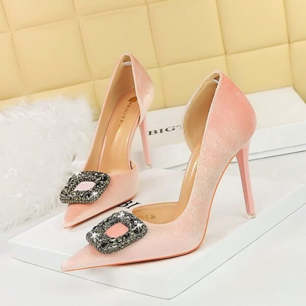 Bigtree Shoes 1363-K83 Banquet High Heels Stiletto Heel Thick Suede Pointed Side Hollow Metal Rhinestone Buckle Super High Heel Shoes