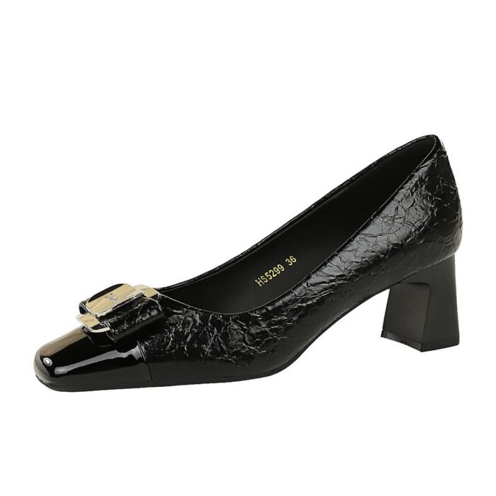 BIGTREE SHOES 5299-k91 European and American Style Fashion Business Ol Commuter Women's Shoes Color Matching Square Toe Low-Cut Metal Buckle Bow Pumps - Image 5