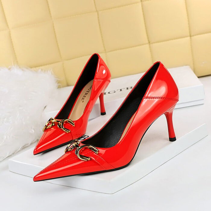 BIG TREE Shoes 6122-A7 Korean Style Fashion Banquet Women's Shoes High Heels Stiletto Heel Shallow Mouth Patent Leather Metal Buckle Decoration Pumps - Image 3