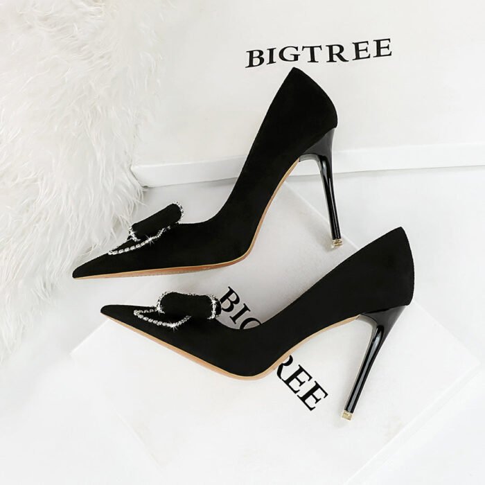 Big Tree Shoes 9511-H7 European and American Sexy Nightclub Super High Heel Women's Shoes Stiletto Suede Shallow Mouth Pointed Toe Rhinestone Bow Pumps - Image 3
