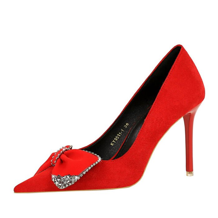 BIGTREE SHOES 9511-h31 Light Luxury Banquet High Heels Stiletto Suede Shallow Mouth Pointed Toe Rhinestone Bow Super High Heel Shoes Women - Image 5
