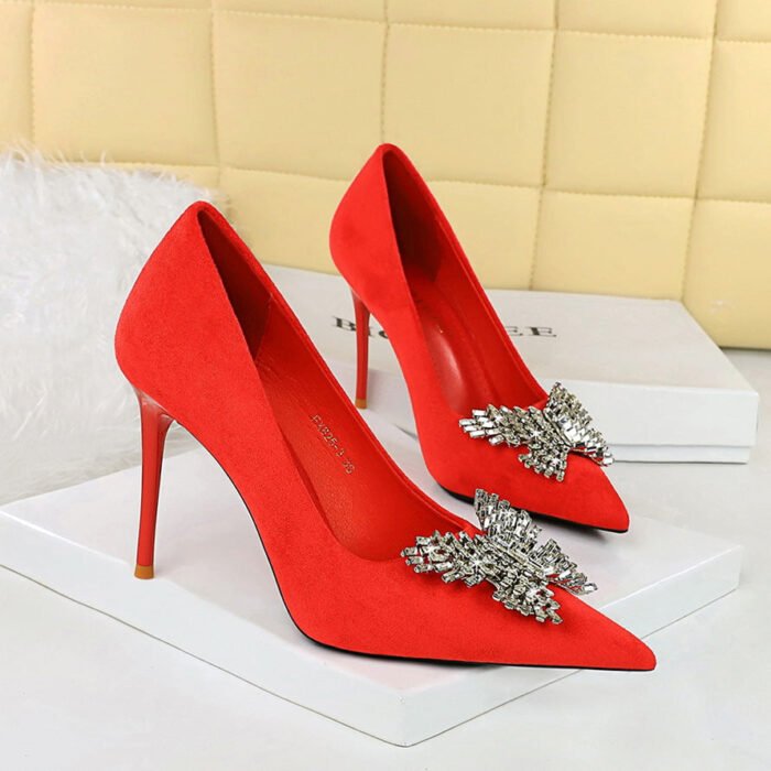BIGTREE SHOES 825-K53 European and American Style Banquet High Heels Stiletto Women's Shoes Suede Shallow Mouth Pointed-Toe Metal Butterfly Rhinestone Pumps - Image 1