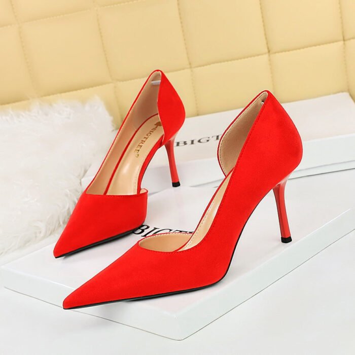 BIG TREE SHOES 8237 Korean Style Fashionable Simple Stiletto Heel Women's Shoes Slim Suede Shallow Mouth Pointed Toe Side Hollow Pumps High Heel - Image 1
