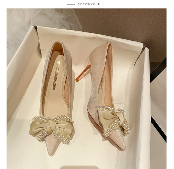 858-61 High Heels Women's New Buckle Pearl Bow Temperament Leisure Pumps - Image 10