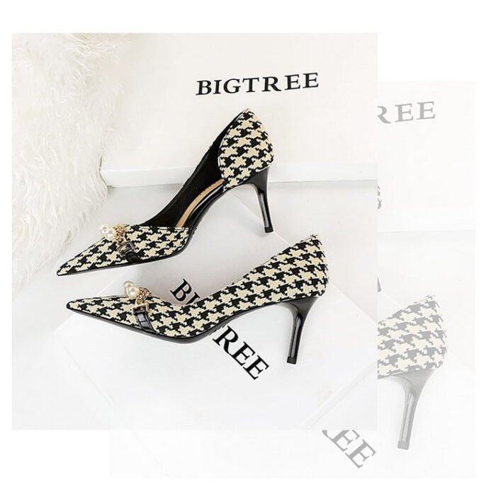 8829-A1 Korean version of high-heeled shallow-mouth pointed side hollow cloth plaid pearl metal chain houndstooth shoes - Image 12