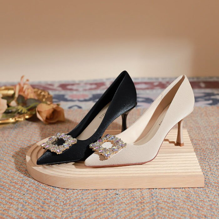 899-101 High Heels Women Houndstooth Pointed Toe Low-Cut Shoes Large and Small Size 32-Size 40 - Image 3
