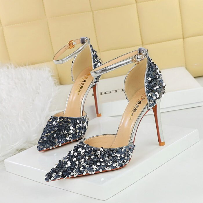 Bigtree shoes 9868-1 high heels hollow strap hollow-out women's shoes stiletto heel shallow mouth pointed toe sparkle sequins sandals - Image 2