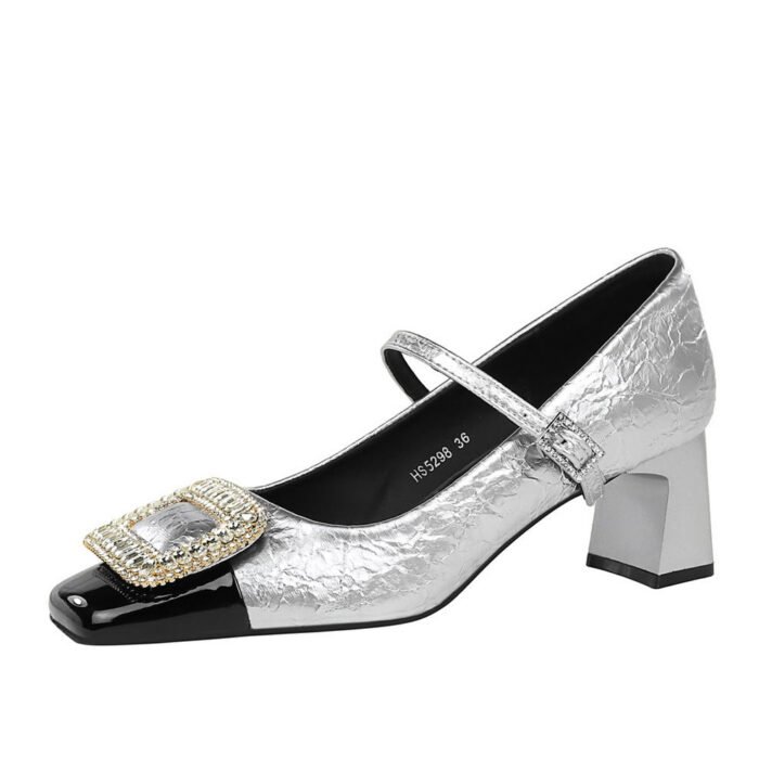 BIGTREE SHOES 5298-K32 European and American Style Party Women's Shoes Chunky Heel Mid Heel Shallow Mouth Color Block Square Toe Metal Rhinestone Buckle Strap Single Shoes - Image 5