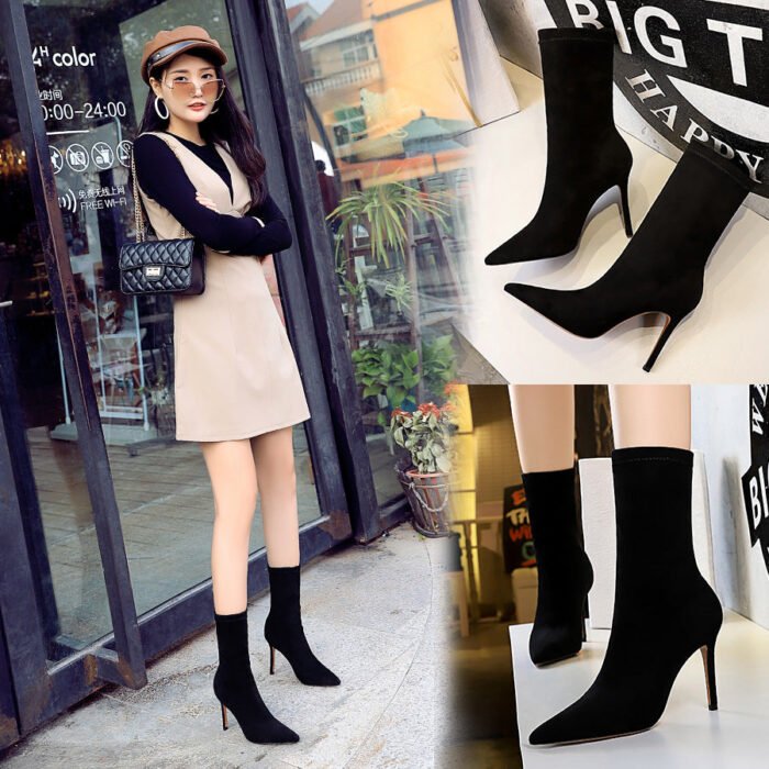 BIG TREE SHOES 315-8 European and American Style Fashionable Simple Pedicure Women's Boots Stiletto Heel Suede Pointed Toe Sexy Nightclubs Thinner Ankle Boots - Image 1
