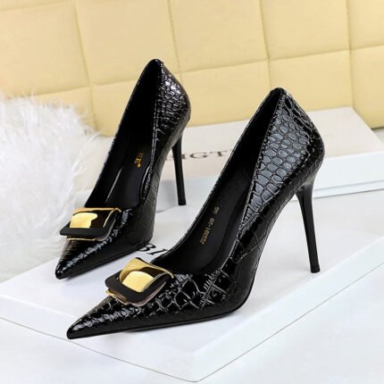 BIGTREE SHOES 3391-k56 High Heels Women's Shoes Stiletto Heel Shallow Mouth Pointed Snakeskin Patent Leather Metal Buckle Decoration Pumps Women