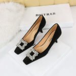 BIG TREE SHOES 6183-K20 Korean Style Women's Shoes Wine Cup Very High Very Low-Cut Square Toe Rhinestone Buckle New Spring and Autumn Shoes Women's High Heels - Image 2