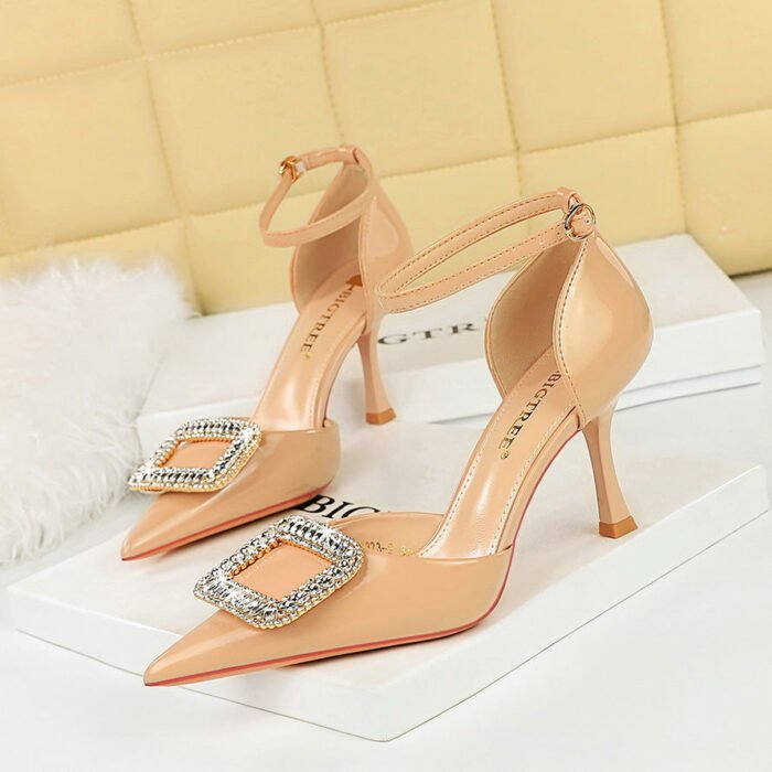 BIGTREE SHOES 8323-K32 European and American Style Sping Sandal Women's Shoes High Heel Patent Leather Shallow Mouth Pointed Toe Rhinestone Buckle Strap Hollow-out Sandals - Image 3