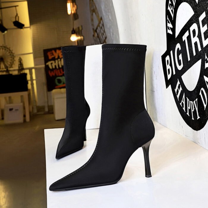 big tree shoes 325-1 European and American Style Fashion Banquet Slimming and Simple High-Heeled Boots with Short Tube Pointed Elastic Lycra Super High Heel Short Boots - Image 4
