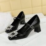 BIGTREE SHOES 5298-K90 Mary Jane Women's Shoes Banquet European and American Style Shallow Mouth Square Toe Color Block Metal Rhinestone Buckle One-Strap Single Shoes - Image 2