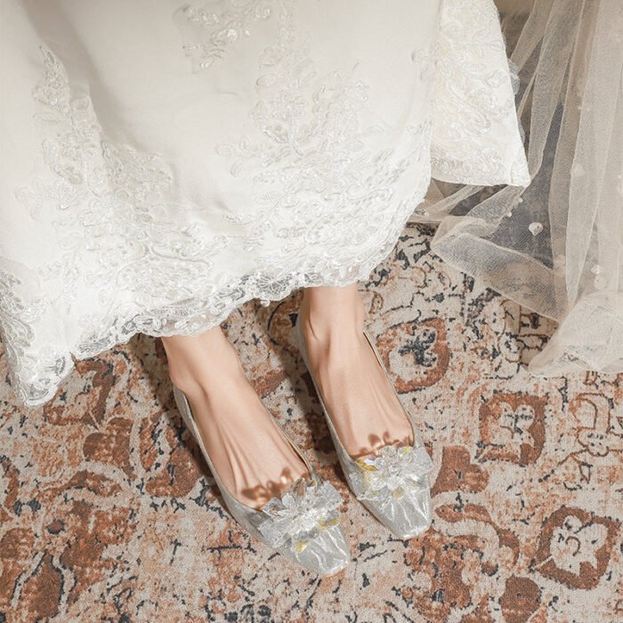 228-52 Silver Thin and Glittering Crystal Bow Thick Heel Flat Wedding Shoes Square Toe Bridal Shoes - Image 3