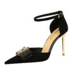 283-19 Retro European American Style Ultra High Heel Suede Shallow Mouth Pointed Toe Rhinestone Metal Buckle Bow Hollow Strap - Image 5