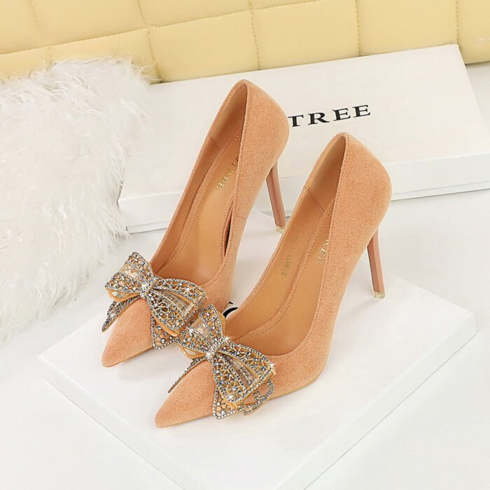 Bigtree Shoes 9511-h39 Korean Style Banquet High Heels Stiletto Heel Suede Shallow Mouth Pointed Toe Rhinestone Bow Women's Shoes - Image 3