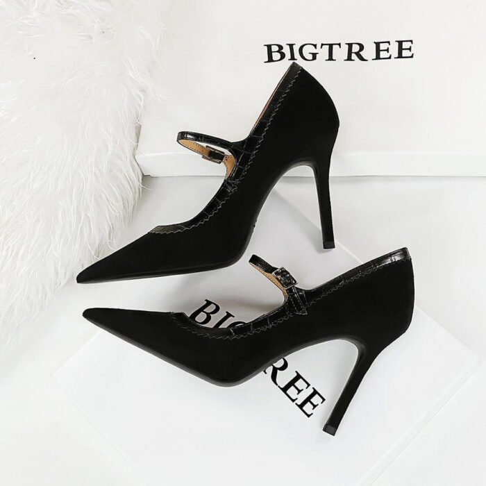 Bigtree Shoes 1198-6 Retro Europe and America Wind Black High Heels Stiletto Heel Suede Shallow Mouth Pointed Toe Strap Women's Shoes - Image 3