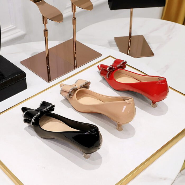 BIGTREE SHOES 237-H35 Korean Style Fashion Banquet Women's Shoes Stiletto Mid-Heel Shallow Mouth Pointed Patent Leather Rhinestone Bow Women's Shoes - Image 4